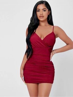 SHEIN Burgundy Ruched Wrap Satin Spaghetti Strap Mini Dress